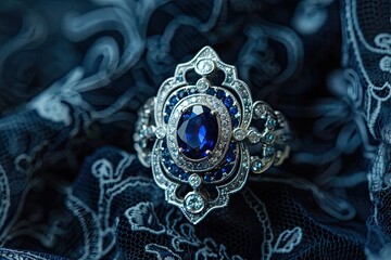 Obraz premium Intricate art deco ring with sapphires and diamonds on a black lace background
