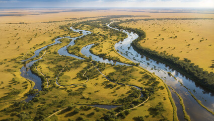 An aerial view of a winding river flowing through a vast grassy plain with scattered trees