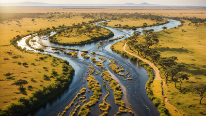 An aerial view of a winding river flowing through a vast grassy plain with scattered trees
