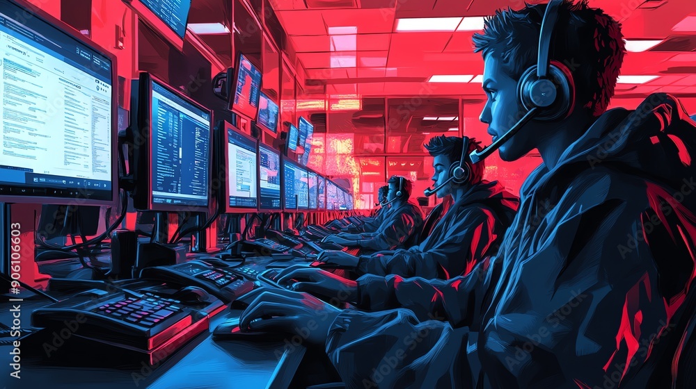 Poster cybersecurity experts working in a brightly lit data center.