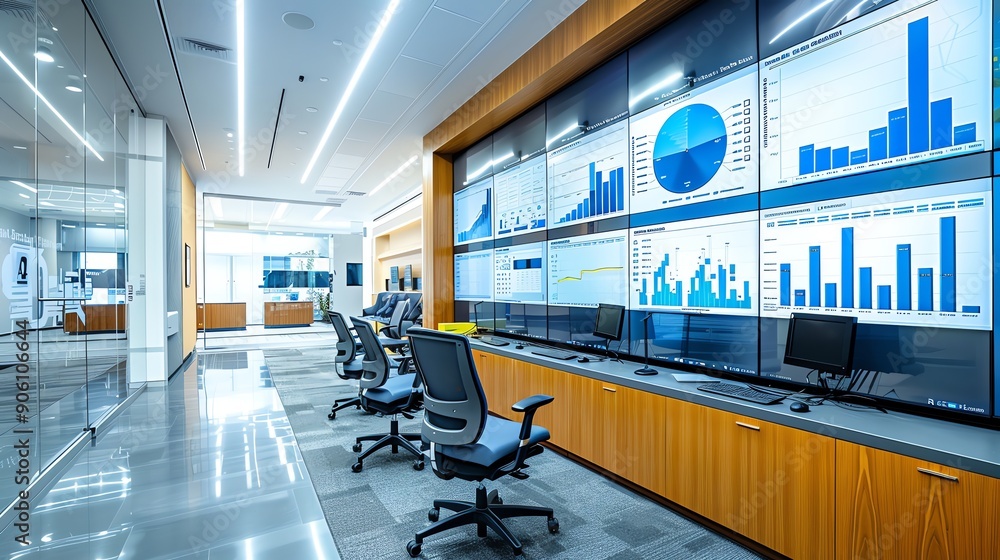 Poster modern office interior with data analysis displayed on large screens.
