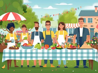Labor Day festival, organized cookout, community solidarity, flat design illustration