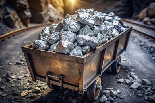 raw platinum metal ore rock pile in mine cart