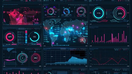 Futuristic Digital Interface With Data Charts And World Map.