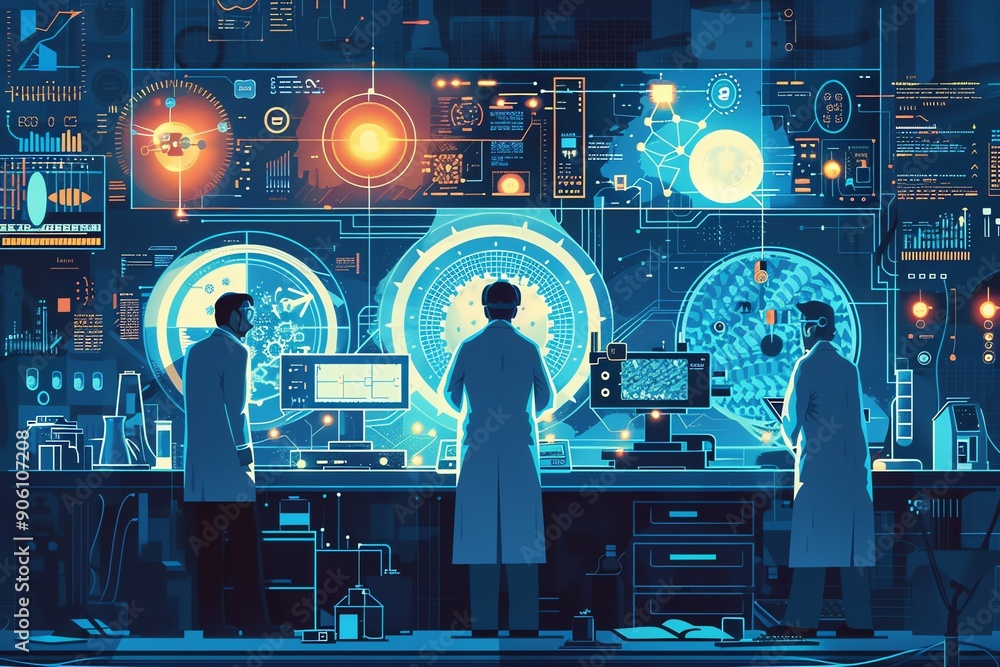 Poster scientists working in high-tech lab.