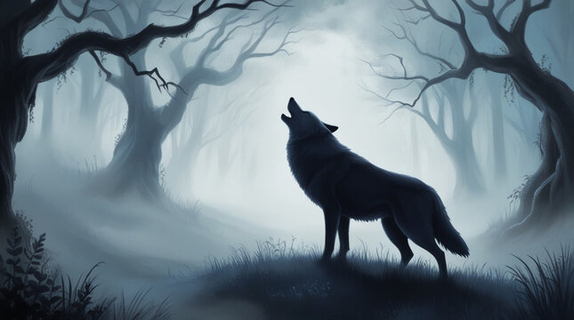 Horizontal banner. Silhouette of wolf standing on meadow in forest. Silhouette of animal, trees, grass. Magical misty landscape, fog. Blue and gray illustration,