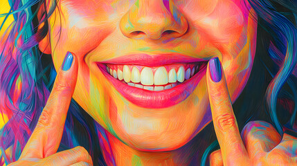 Vibrant and Joyful Female Face with Colorful Abstract Swirling Makeup Art Cheerful and Excited Facial Expression with Bright Lips and Festive Digital Background