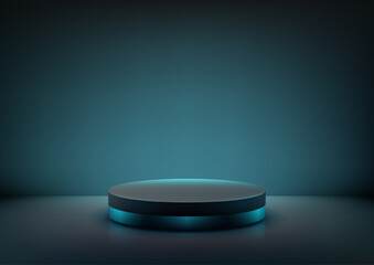 Modern 3D Black Circular Podium with Ethereal Blue Light, Ideal for Product Display, Technology Showroom, and Showcase