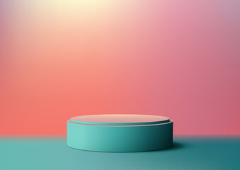 Minimalist 3D Blue Podium with Pink and Orange Gradient Background, Modern Style Product Display and Mockup for Showroom