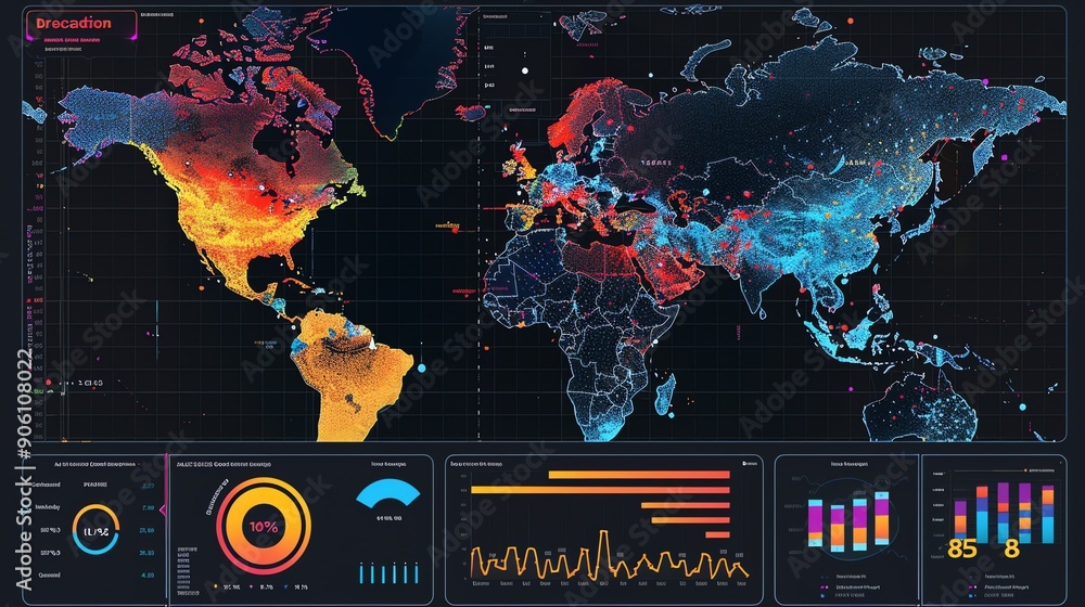 Poster World map data visualization with charts and graphs.