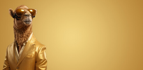 fashionable camel in sunglasses and a gold suit against gold background with empty space for text