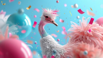 Obraz premium Ostrich with colorful neon patterns and sequins dancing amidst confetti and disco balls.