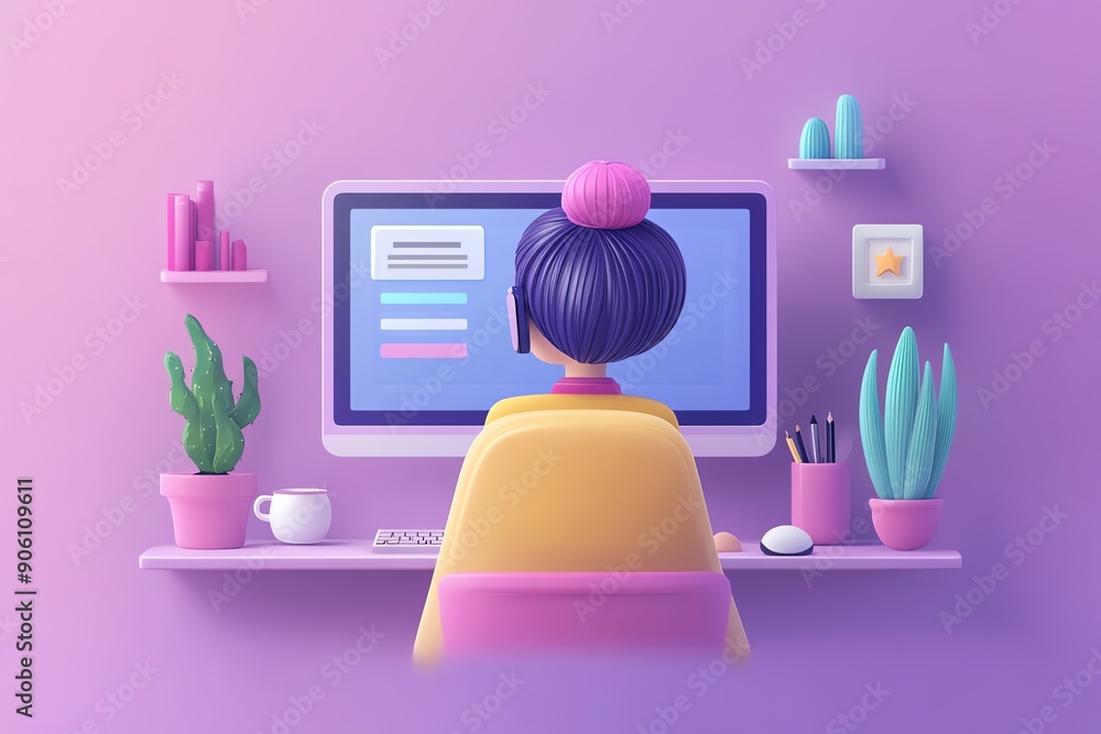 Poster 3d cartoon character working on computer.