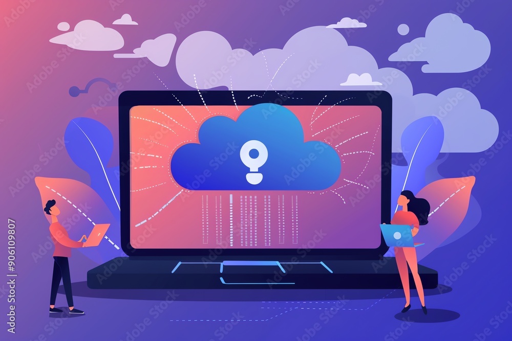 Poster Cloud computing concept with two people using laptops.