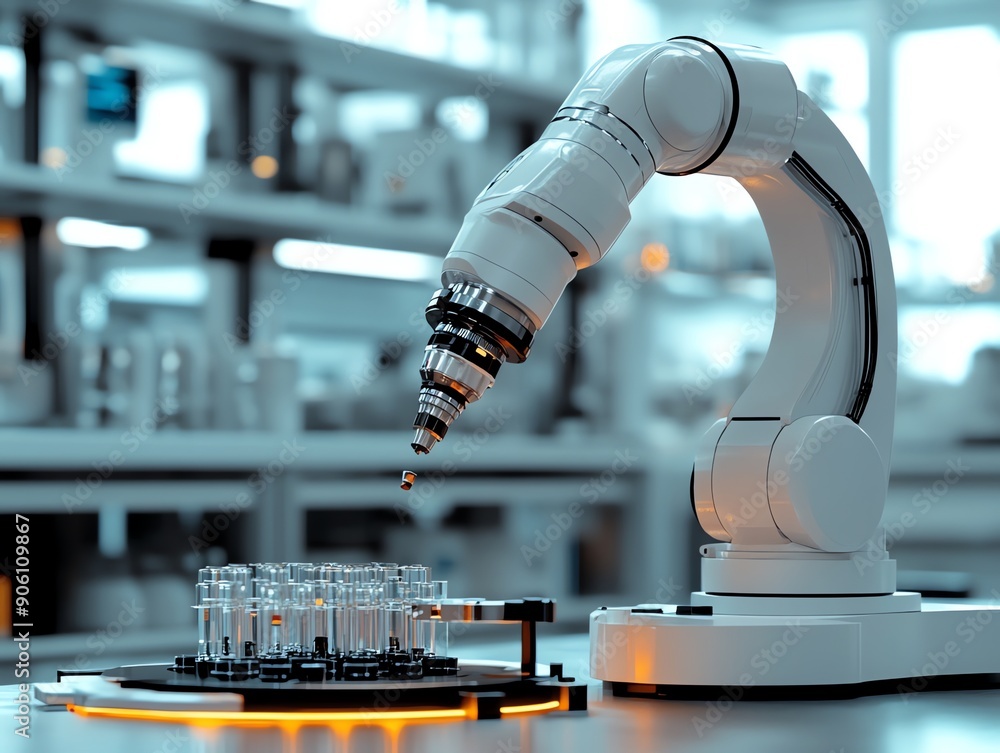 Aufkleber robotic arm placing small object into test tube in a laboratory.