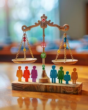 Abstract scales balanced with social welfare icons, depicting equality and fairness, social justice, welfare equilibrium