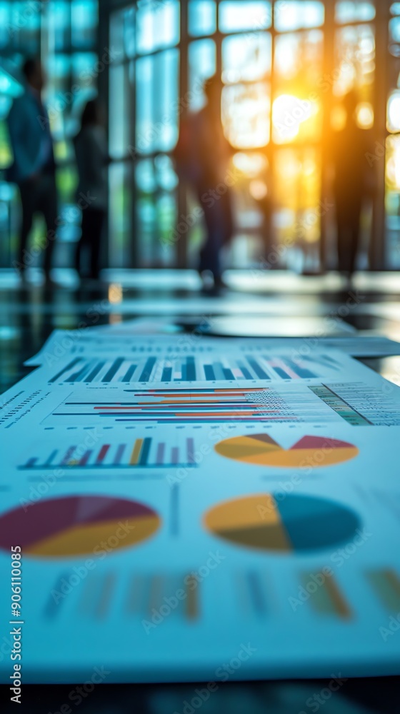 Poster business charts and graphs on a table.