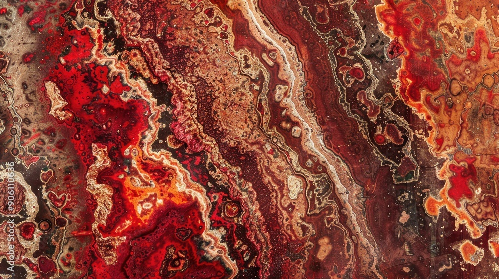 Poster red and brown elements in a vibrant intense pattern on a weathered stone texture