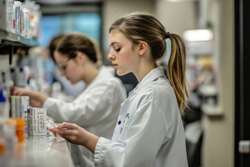Obraz premium Pharmacists Dispensing and Creating Medication, Healthcare professionals prepare medicine, and busy hospital pharmacy to dispense medicine, segregate, supply, and distribute, 