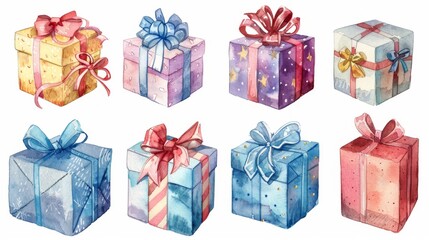 Obraz premium Cartoon watercolor gift boxes wrapped in festive paper and ribbons. Isolate A white background surrounds the main subject.