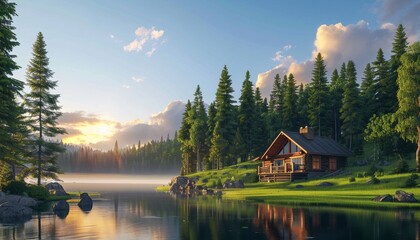Fototapeta premium Serene Landscape Featuring Cozy Wooden Cabin Surrounded by Tall Pine Trees, Peaceful and Tranquil, Ecolodge, Copy Space