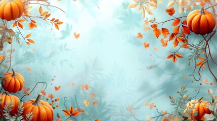 Decorative pumpkins and autumn leaves floating in a serene, bokeh-lit blue background, embodying the essence of fall.