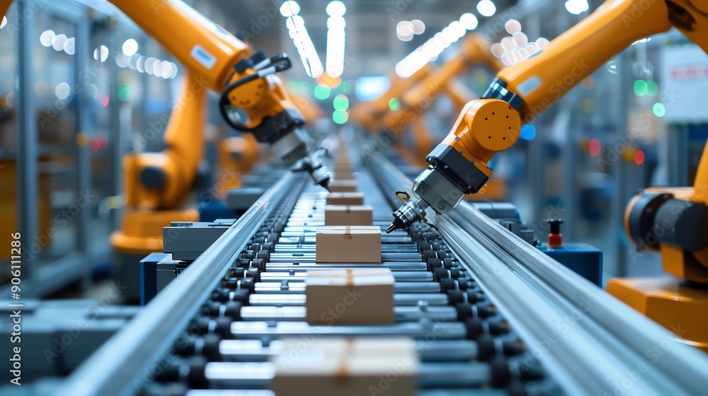 Poster robotic arm moving boxes on a conveyor belt.