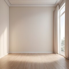 A new empty light cream living room with wooden floor