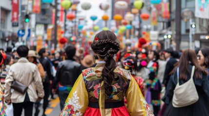 A festive Korean street parade with participants in traditional costumes, colorful floats, and vibrant cultural performances
