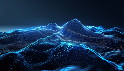 Abstract Digital Landscape with Glowing Blue Lines and Dots, Data Waves Representation, Modern and Futuristic, Dark Background