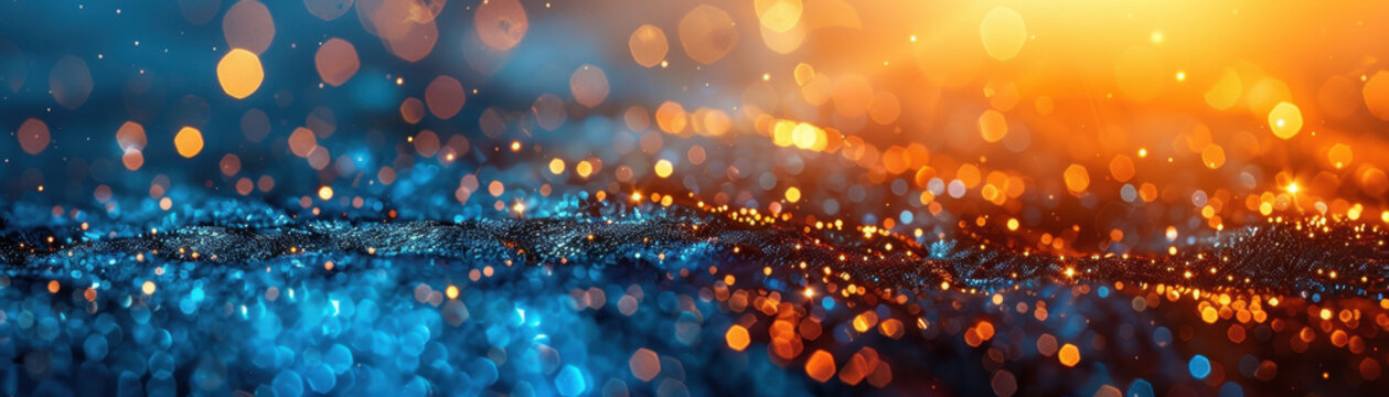 A colorful, blurry image of a cityscape with a blue and orange background. The image is full of bright, sparkling lights that create a sense of movement and energy