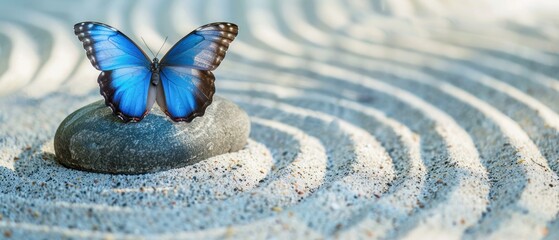 Naklejka premium A bright blue butterfly perched on a smooth grey stone in a Zen garden, with perfectly raked concentric circles in white sand, symbolizing serenity and balance