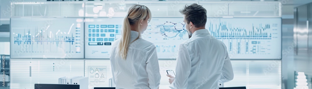 Poster two financial advisors in a modern office setting discuss investment strategies, with a whiteboard i