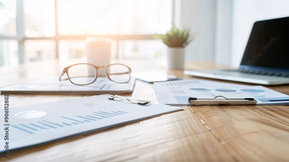 Aufkleber financial documents and reports spread across a table, highlighting the evaluation of various invest