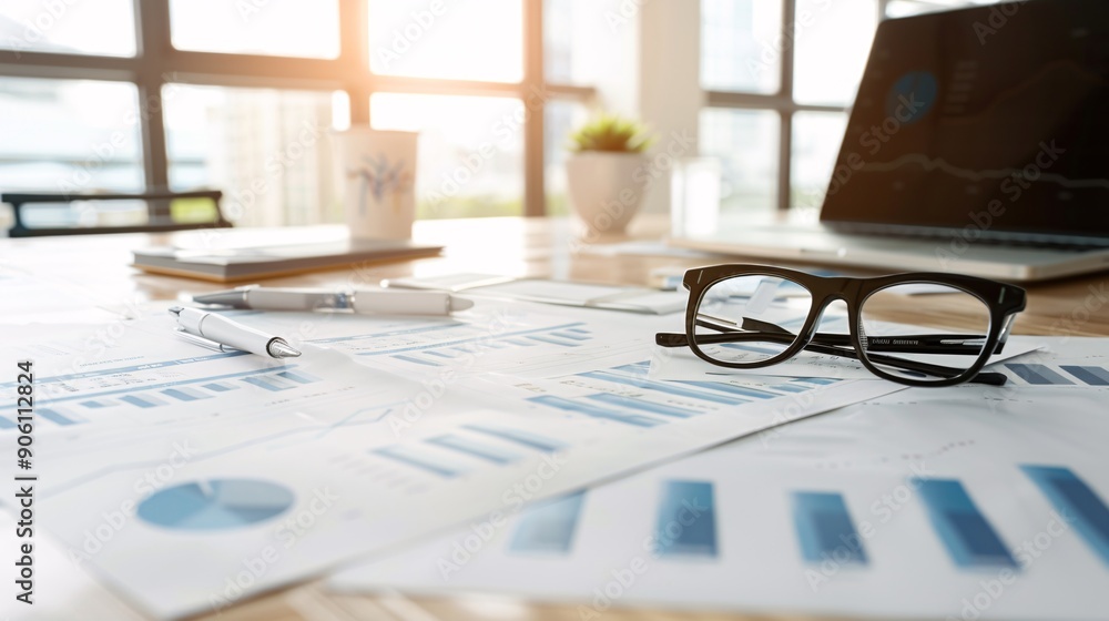 Poster financial documents and reports spread across a table, highlighting the evaluation of various invest
