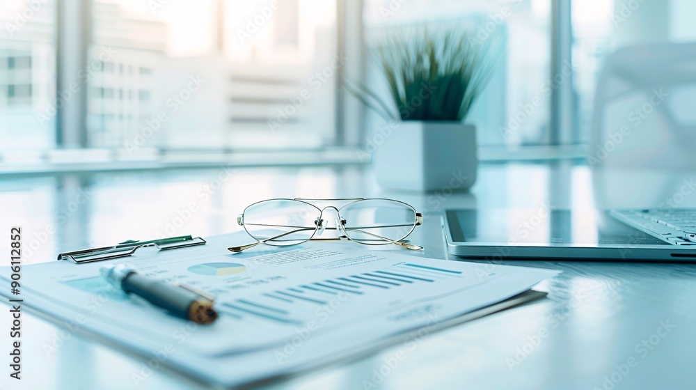 Aufkleber financial documents and reports spread across a table, highlighting the evaluation of various invest