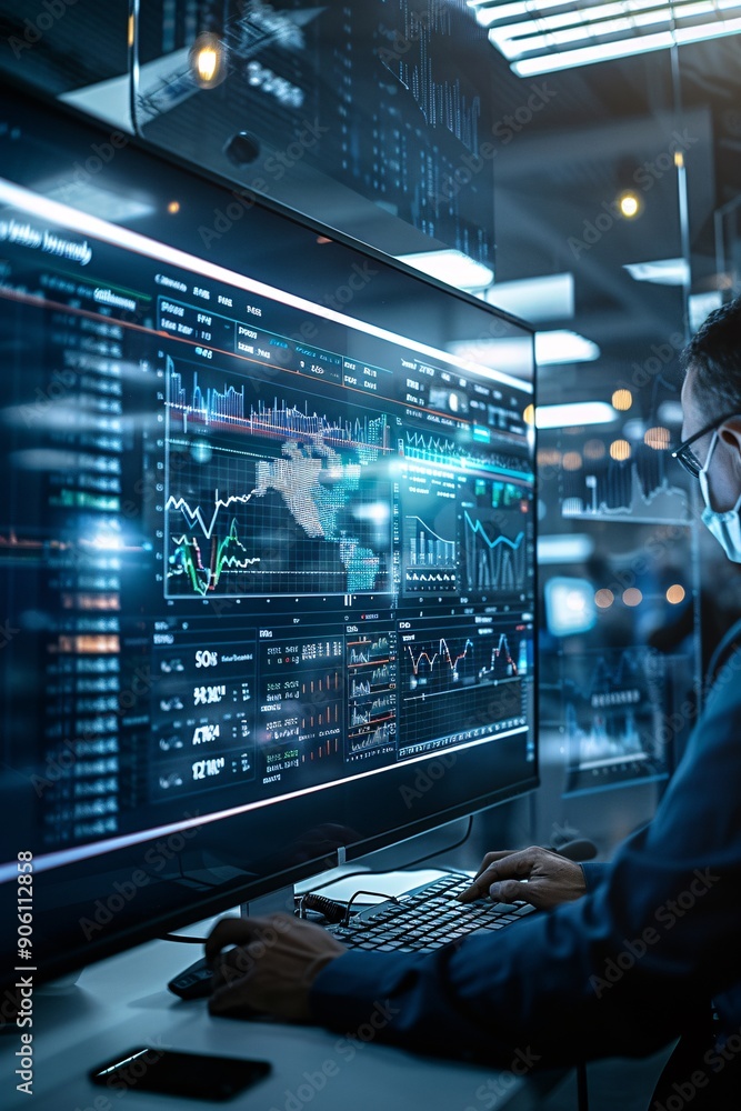 Poster a large digital display in an office shows different investment strategies' performance metrics, whi