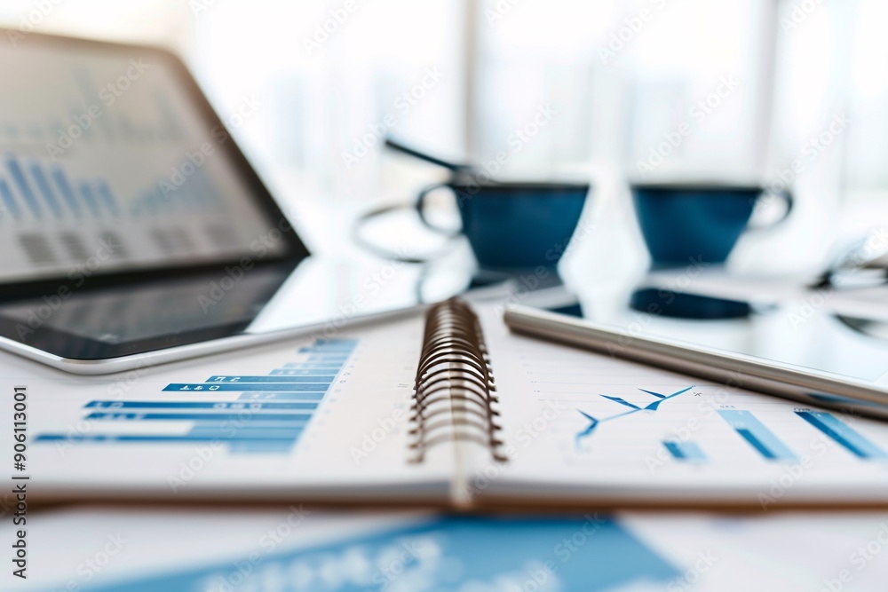 Poster a minimalist desk setup featuring a tablet displaying investment performance charts, with a notepad 