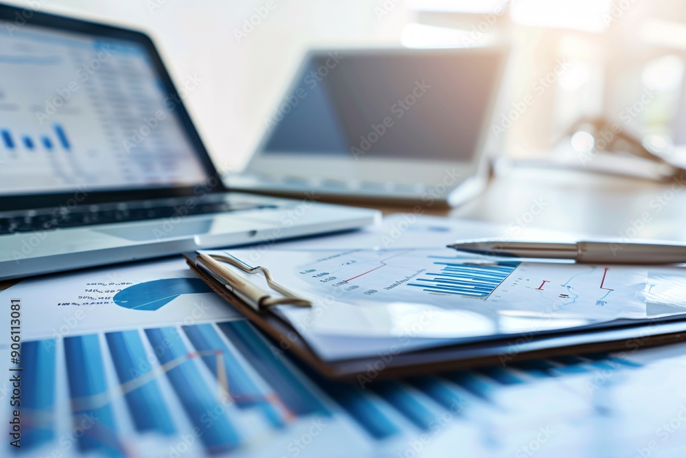 Poster a minimalist desk setup featuring a tablet displaying investment performance charts, with a notepad 
