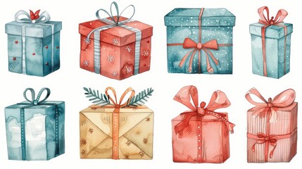 Cartoon watercolor gift boxes wrapped in festive paper and ribbons. Isolate A white background surrounds the main subject.