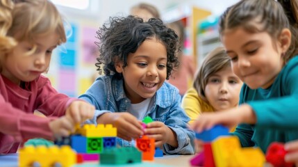 A group of children playing with colorful building blocks, creating imaginative structures together
