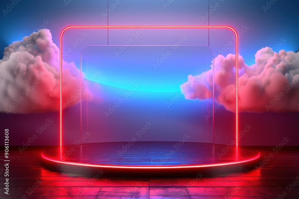 Poster a 3d rendering of a futuristic stage with glowing neon red lights and a transparent panel. the backg