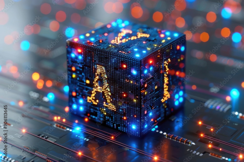 Poster a close-up photograph of a glowing blue cube on a circuit board, representing artificial intelligenc