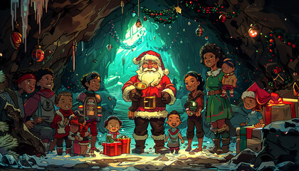 Santa Claus Surprises Children in a Cave Decorated for Christmas