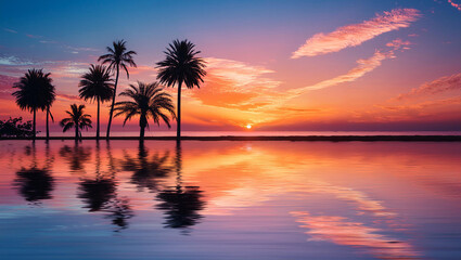 Silhouette coconut palm tree on the beach at beautiful sunset.