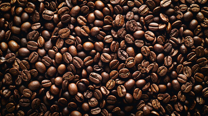 Naklejka premium A pile of coffee beans. Coffee beans background. Close up of coffee beans. Black background. Full frame. Top view. Copy space area