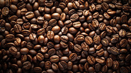 Naklejka premium A pile of coffee beans. Coffee beans background. Close up of coffee beans. Black background. Full frame. Top view. Copy space area