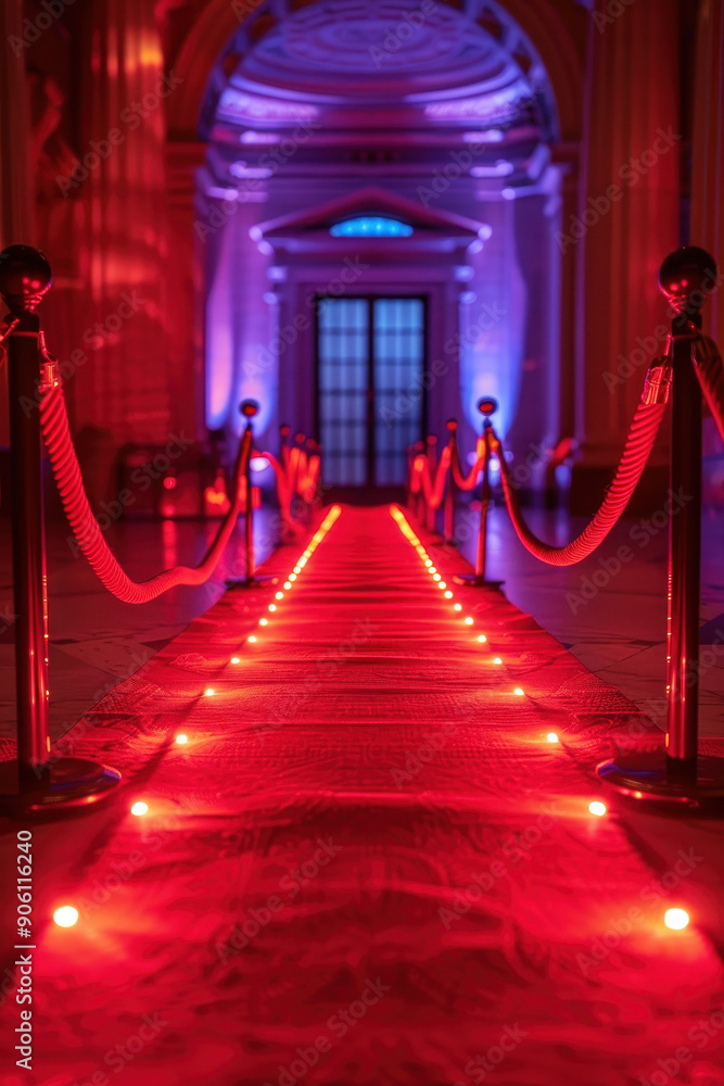 Poster a red carpet with a red background and a red lighted border