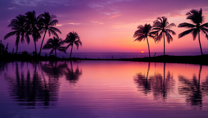 Silhouette coconut palm tree on the beach at beautiful sunset.