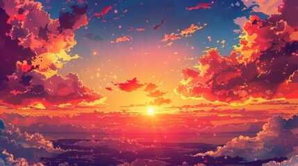 Vivid sunset sky with red clouds in a summer outdoor natural setting
